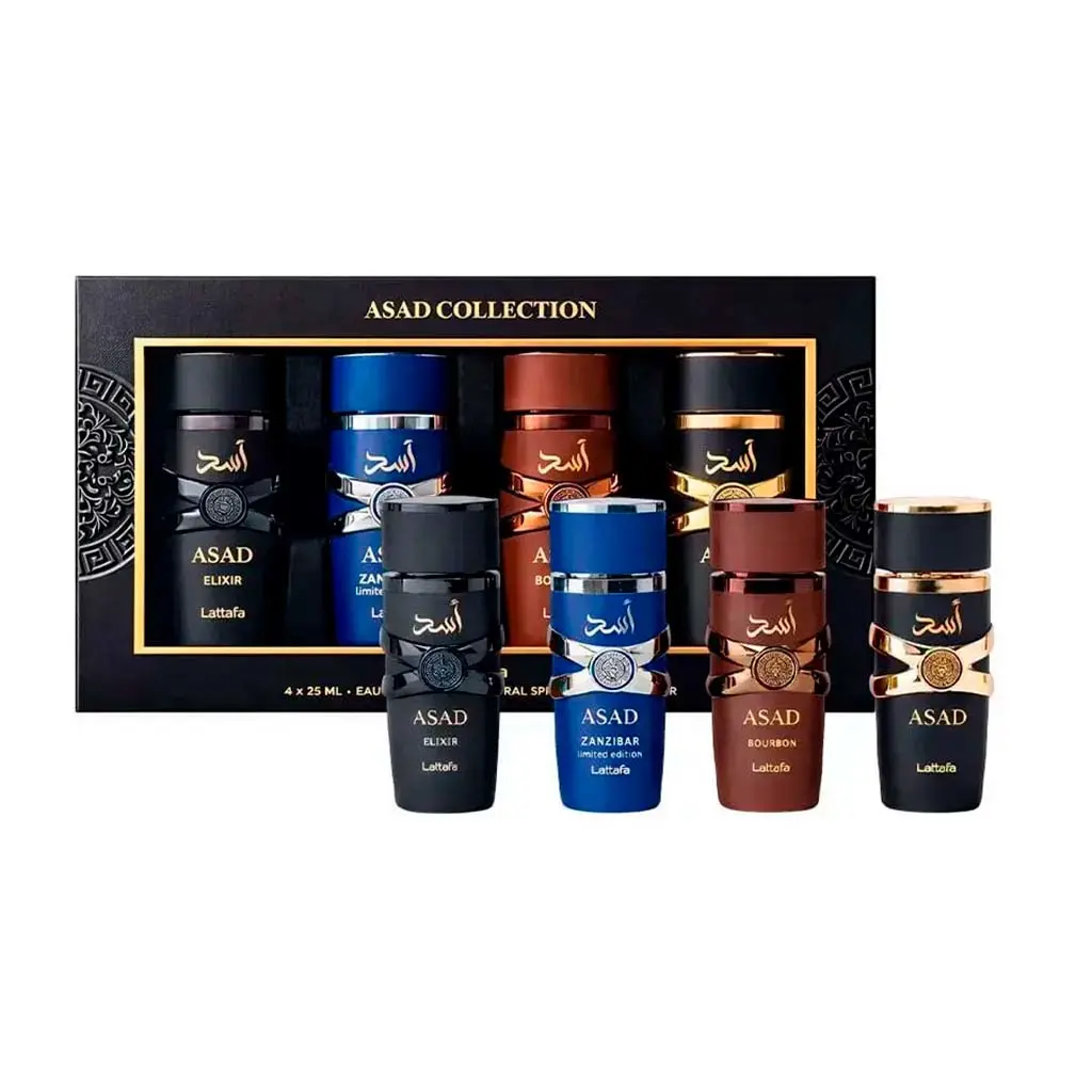 Kit de Perfumes Masculinos Lattafa My Asad Collection em Blumenau/SC - Presentes da Dani O Kit My Asad Collection 4 Frascos 25 ml - Perfumes Masculinos Marca Lattafa - Presentes da Dani, Perfumes em Blumenau, Vale do Itajaí/SC.