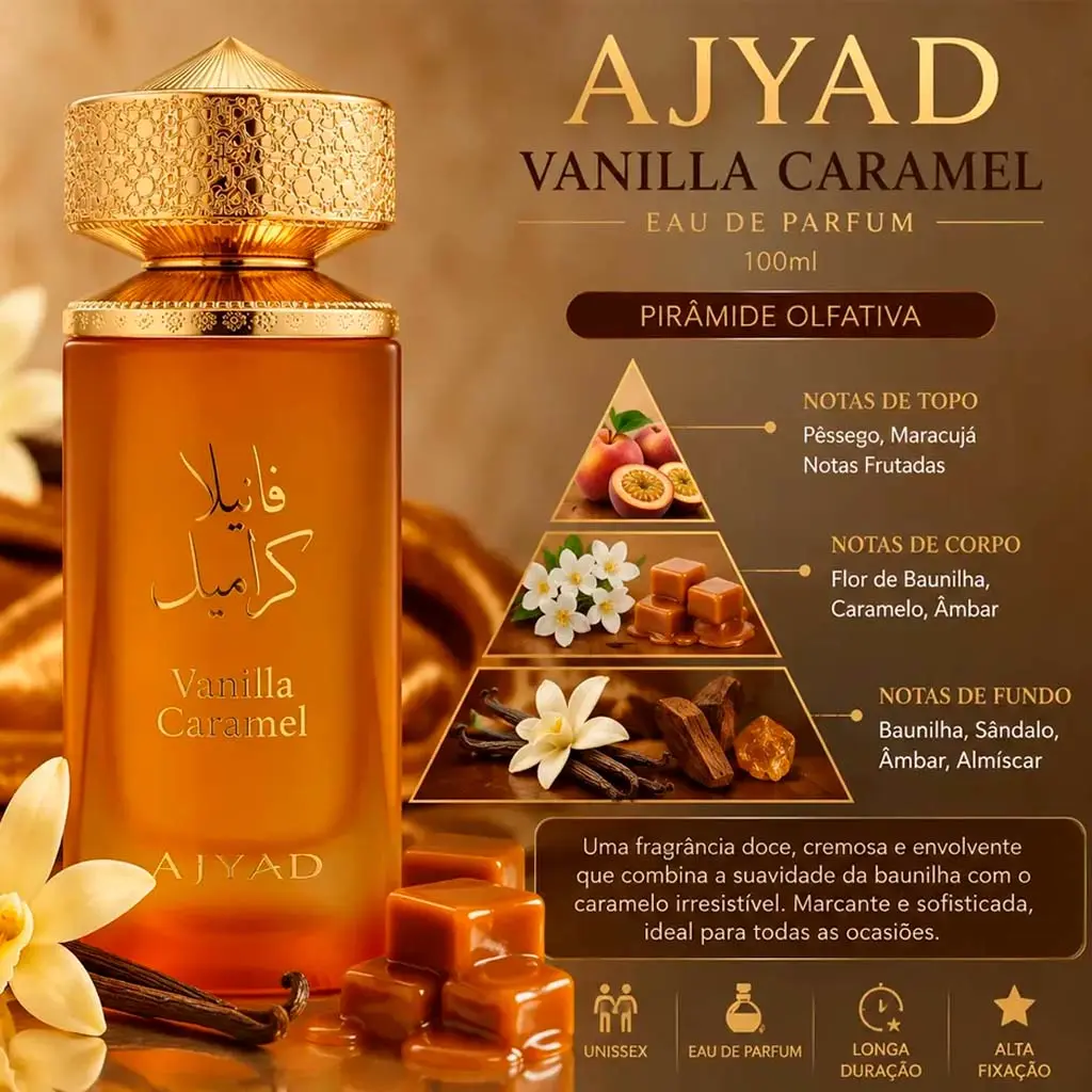 Perfume Importado Vanilla Caramel Eau de Parfum 100 ml em Blumenau/SC - Presentes da Dani O Perfume Vanilla Caramel Eau de Parfum 100 ml - Perfume Unissex Marca Ajyad - Presentes da Dani, Perfumes em Blumenau, Vale do Itajaí/SC.